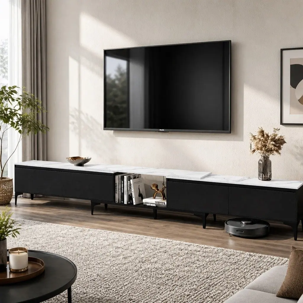 Extendable TV Cabinet Entertainment Unit Stand Adjustable Length 240-340cm Black