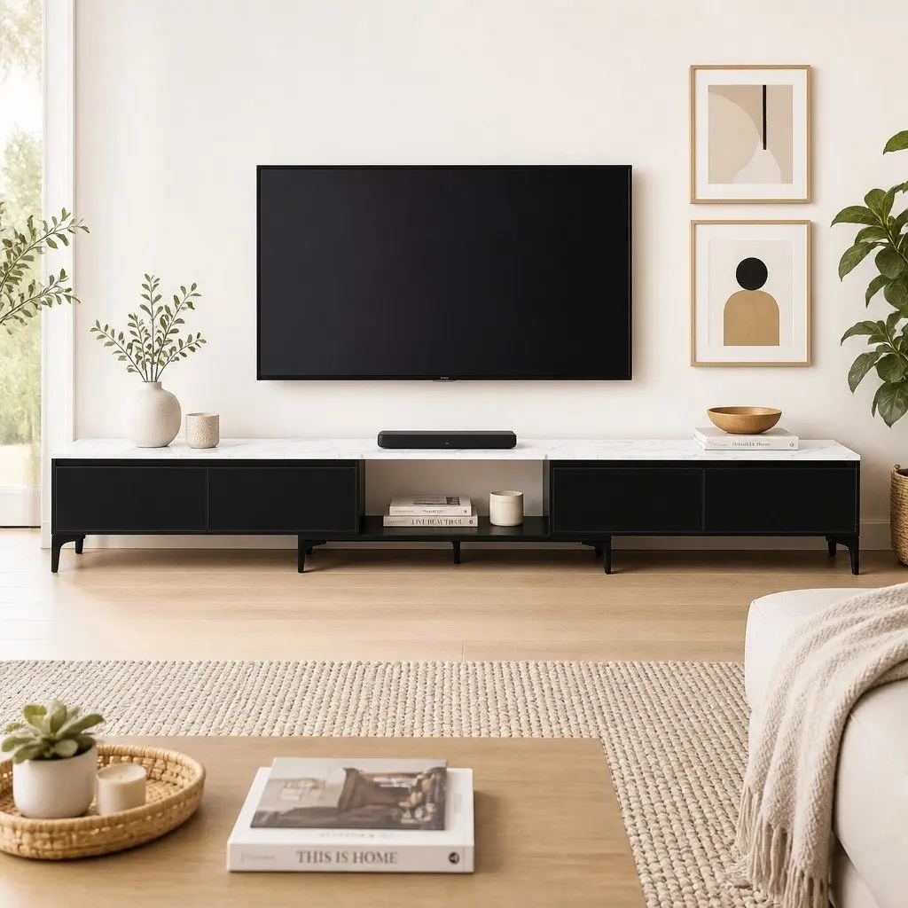 Extendable TV Cabinet Entertainment Unit Stand Adjustable Length 240-340cm Black