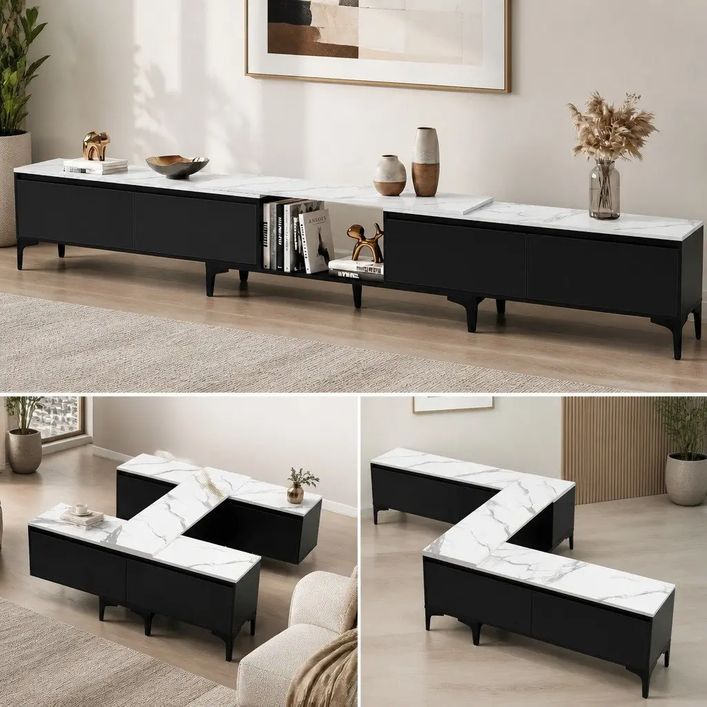 Extendable TV Cabinet Entertainment Unit Stand Adjustable Length 240-340cm Black
