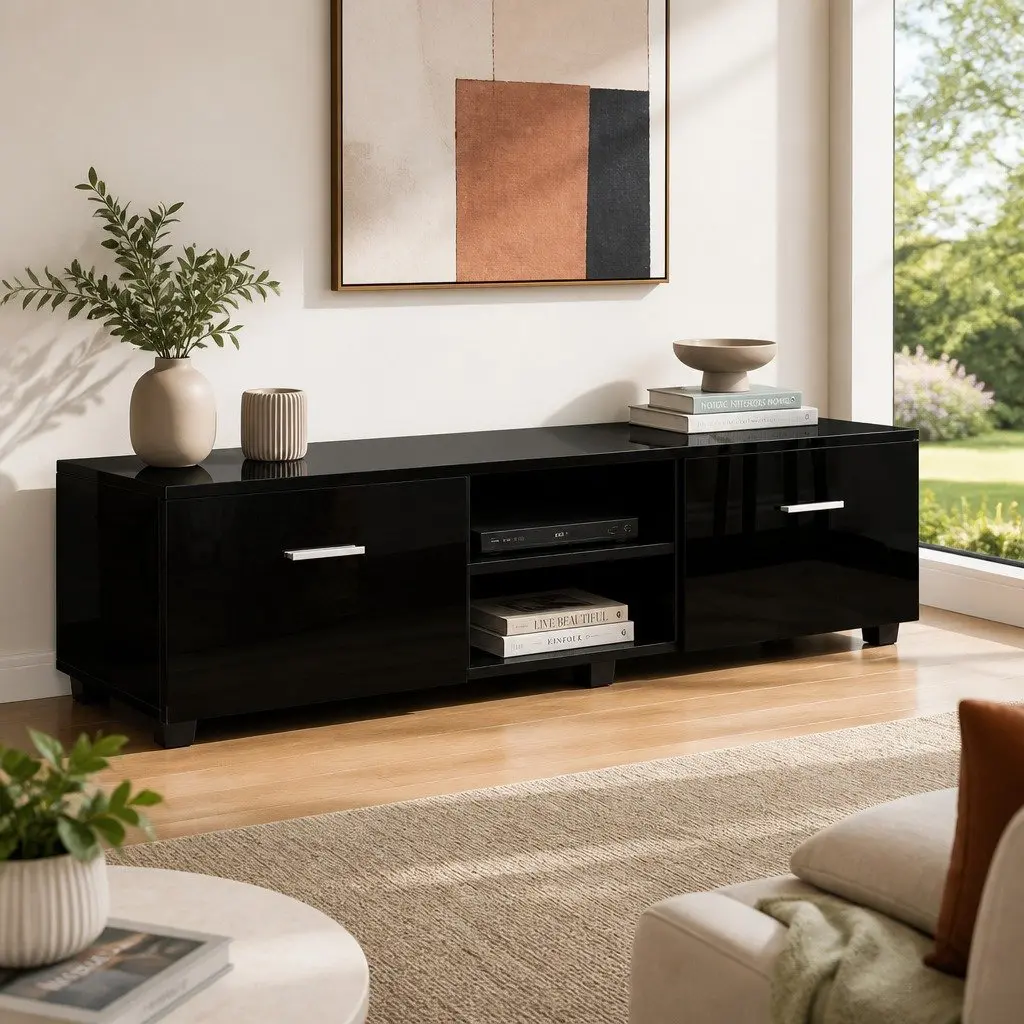 Entertainment Unit TV Cabinet 140cm Black Storage Living Room Furniture