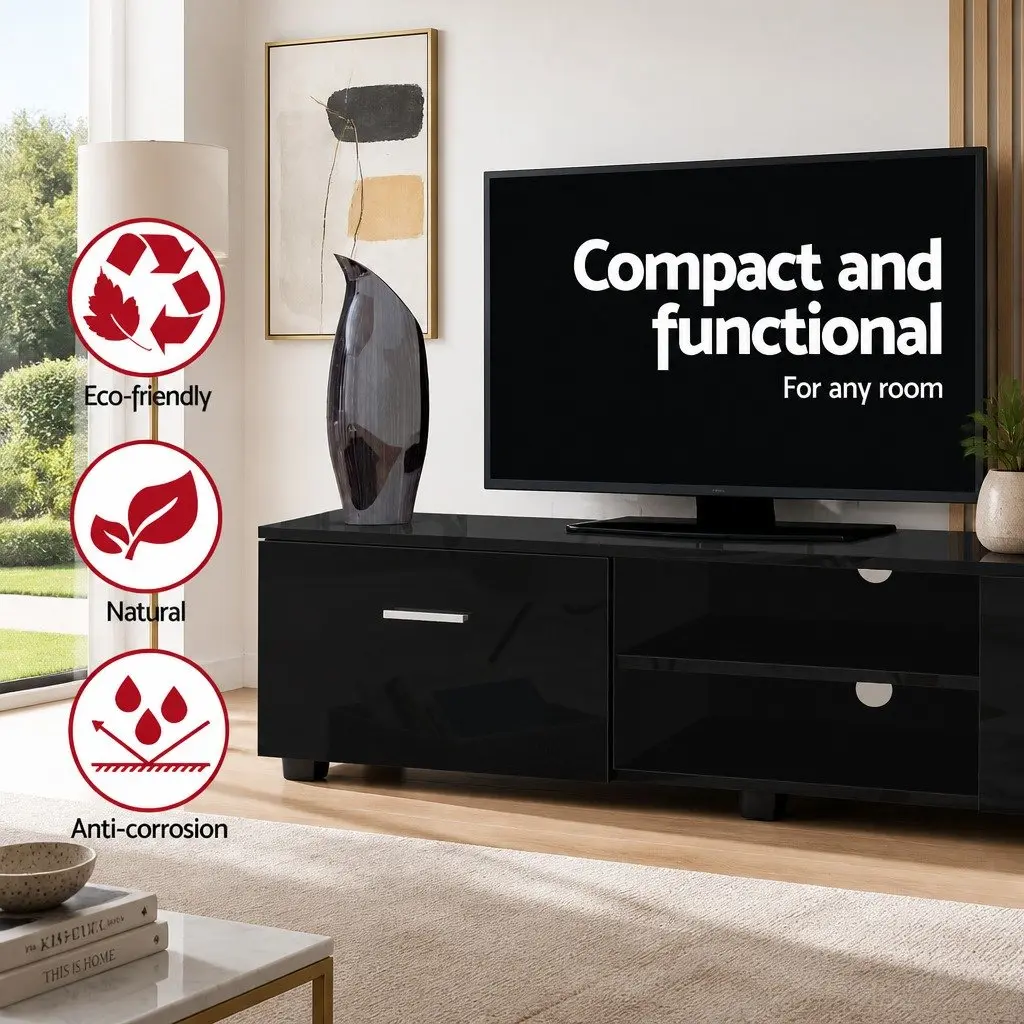 Entertainment Unit TV Cabinet 140cm Black Storage Living Room Furniture