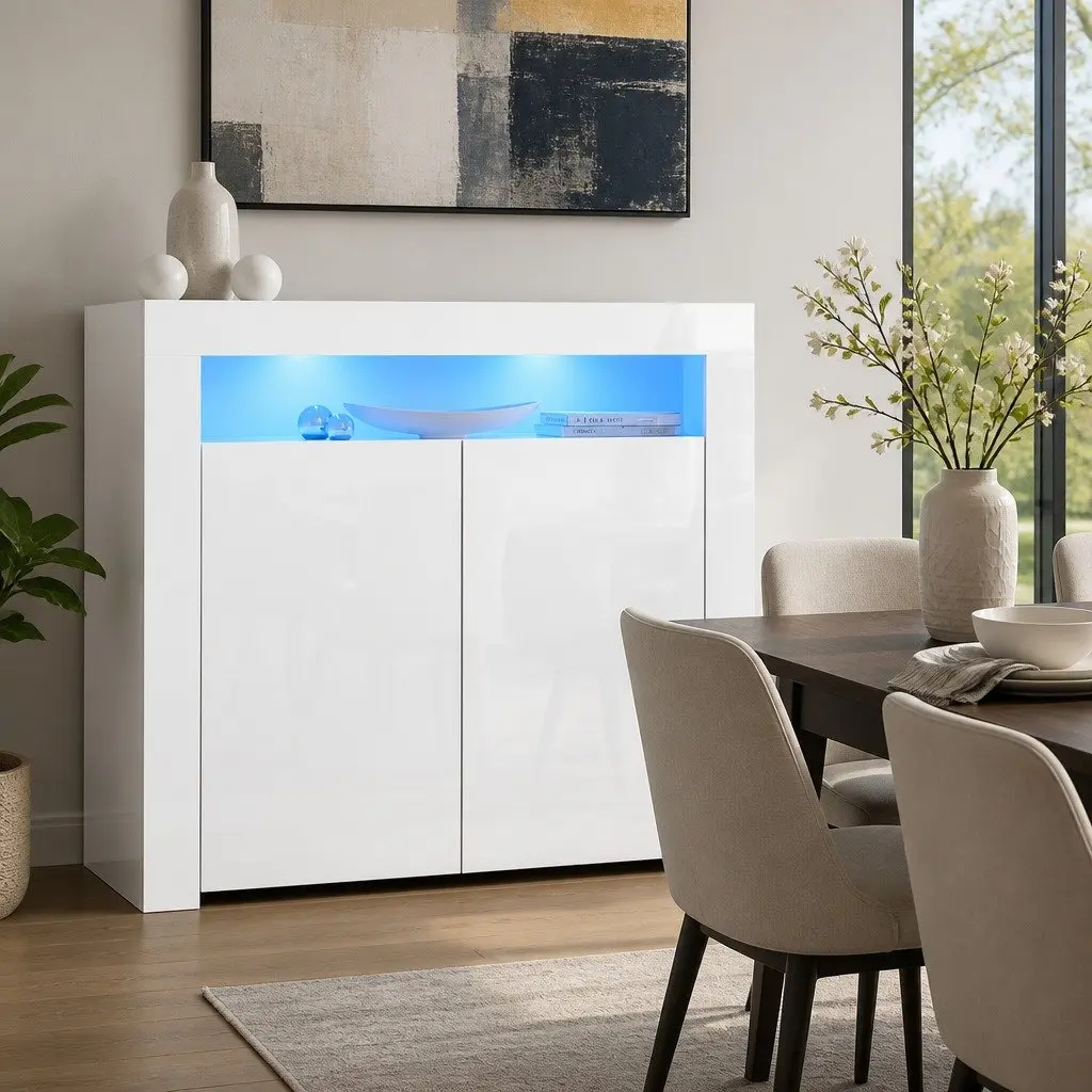 LED Sideboard White High Gloss Display Cabinet Modern Dining Room Storage