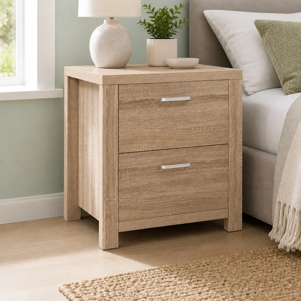 Natural Wood Bedside Table with Two Drawers