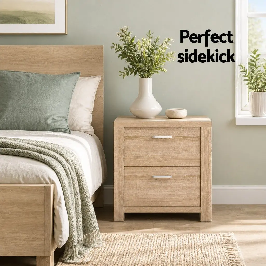 Natural Wood Bedside Table with Two Drawers