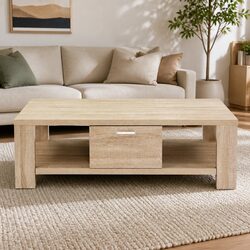 Sturdy Oak Coffee Table with Drawer and Open Shelves