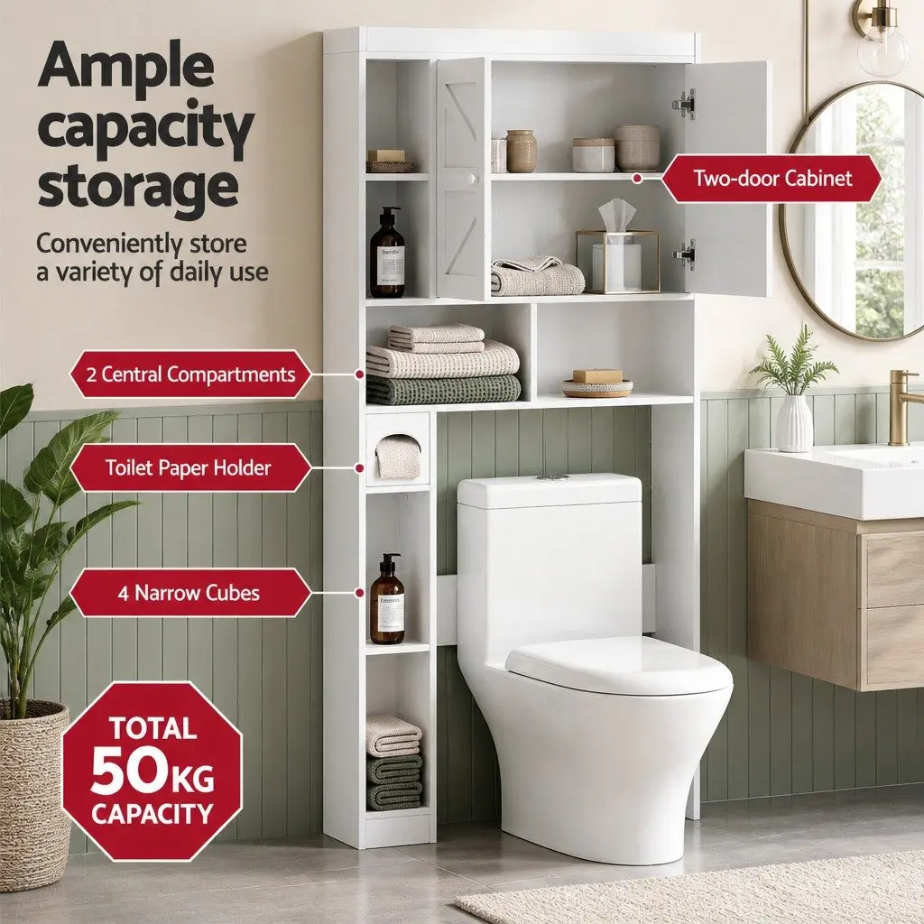 Bathroom Cabinet Particle Board White Over The Toilet Storage Shelf with Barn Door