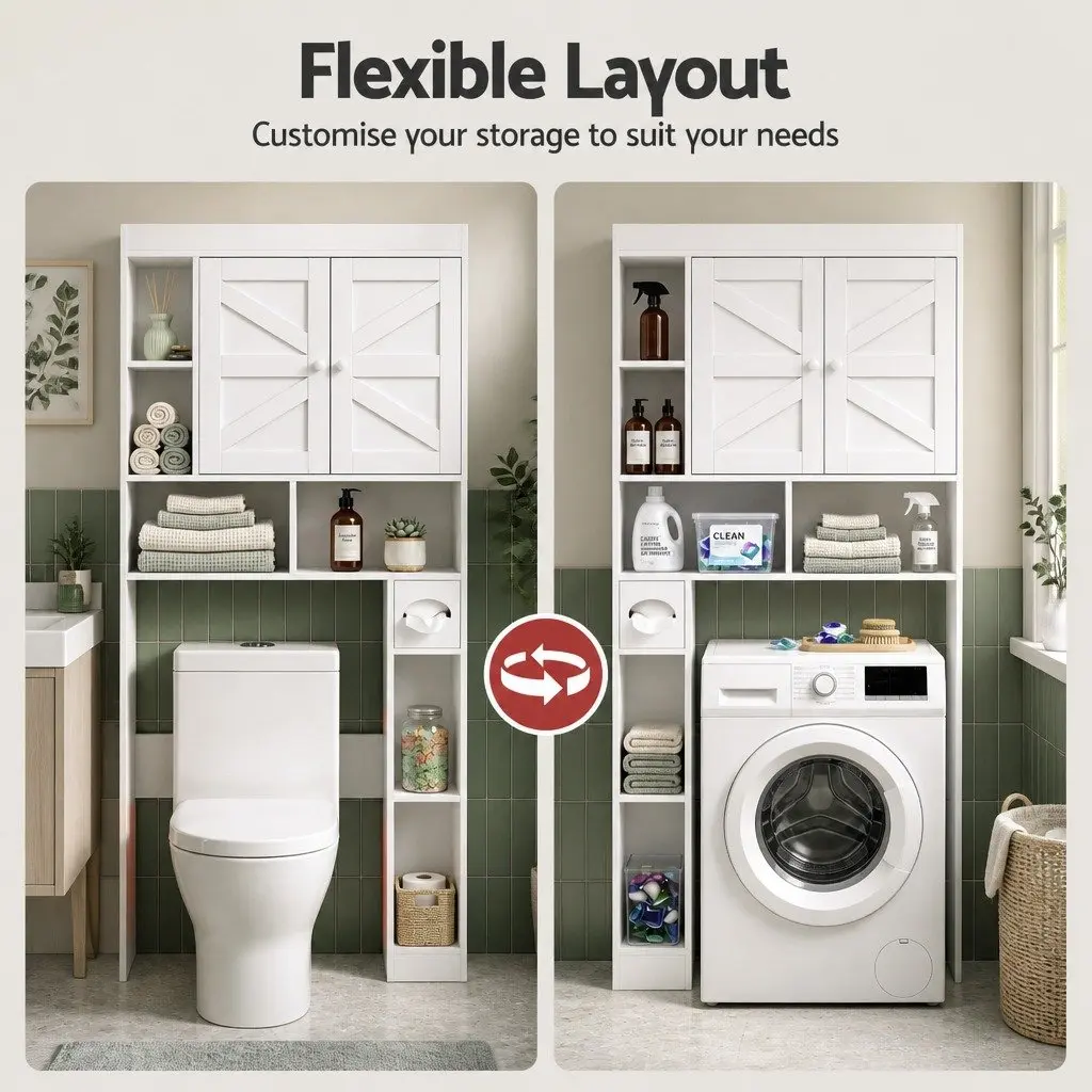 Bathroom Cabinet Particle Board White Over The Toilet Storage Shelf with Barn Door