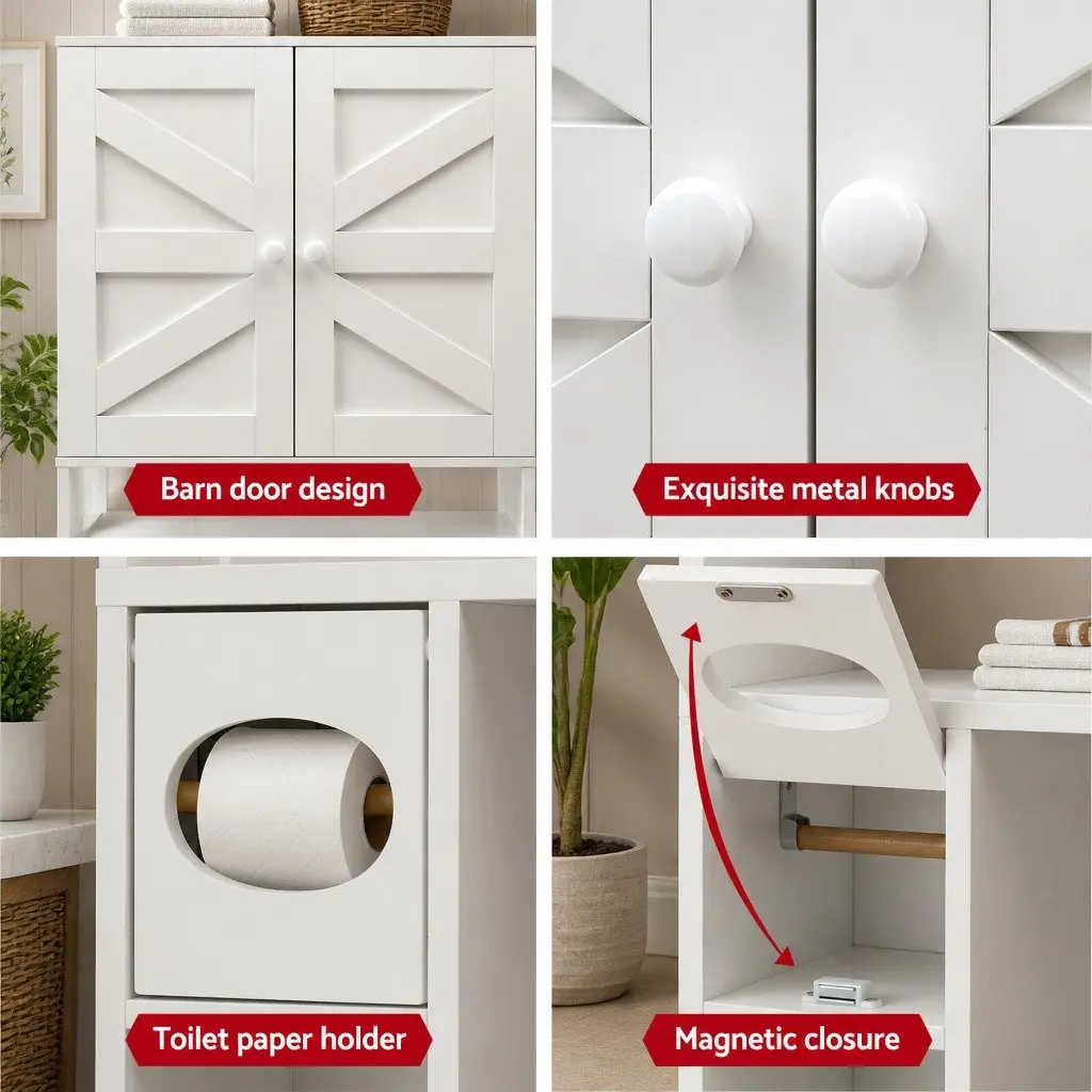 Bathroom Cabinet Particle Board White Over The Toilet Storage Shelf with Barn Door