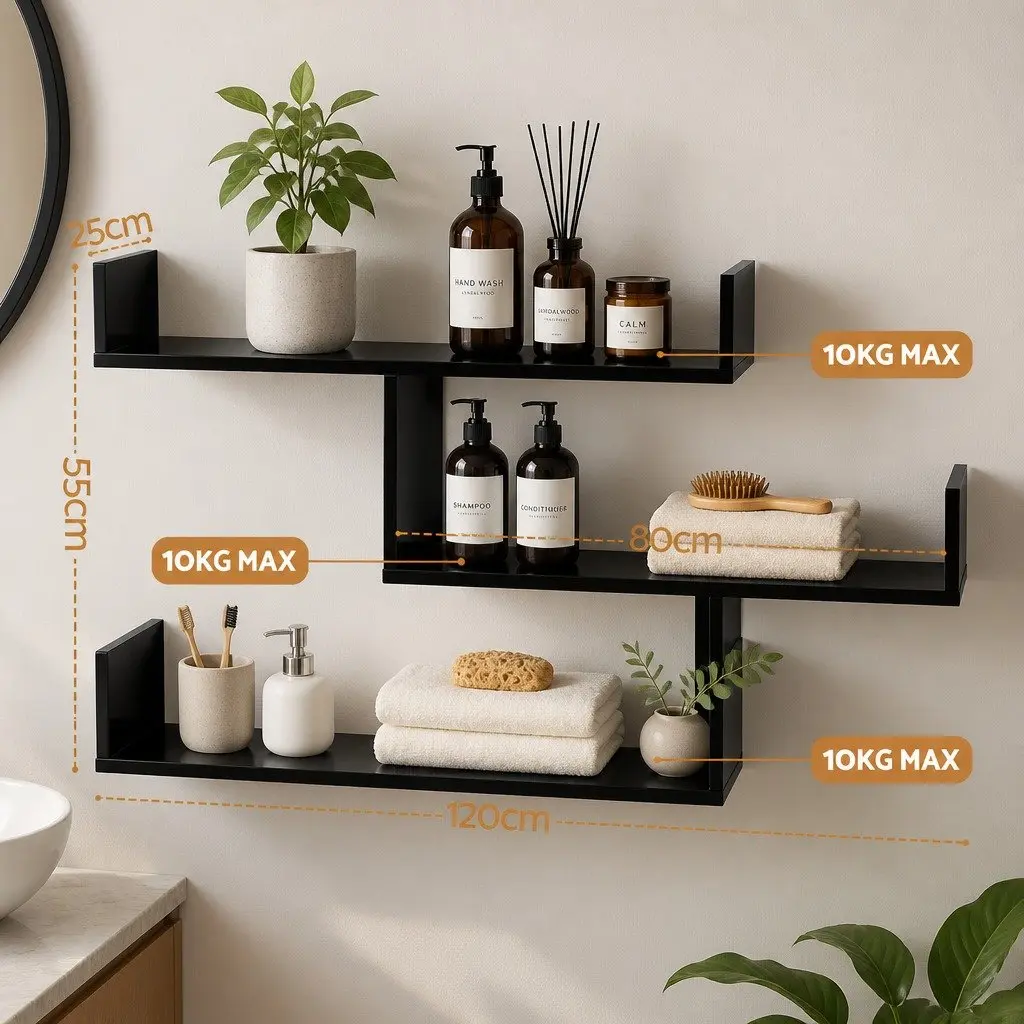 Floating Wall Shelf Particle Board 3 Tier Black Minimalist Display Storage Organiser