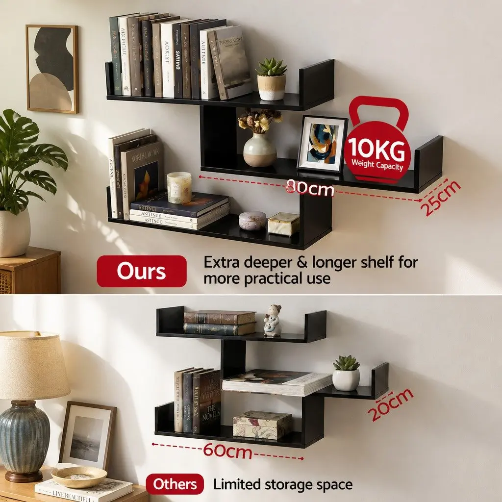 Floating Wall Shelf Particle Board 3 Tier Black Minimalist Display Storage Organiser