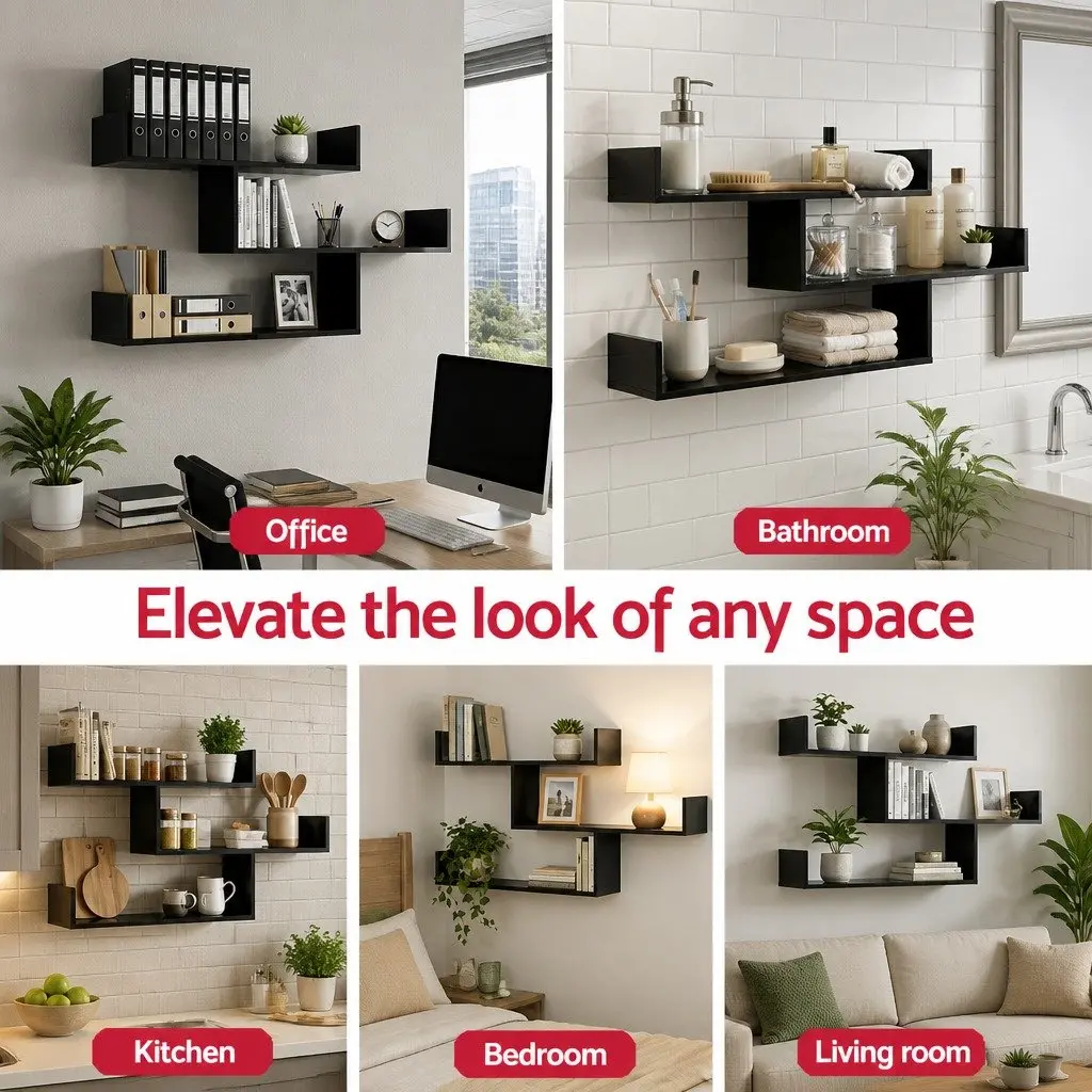 Floating Wall Shelf Particle Board 3 Tier Black Minimalist Display Storage Organiser