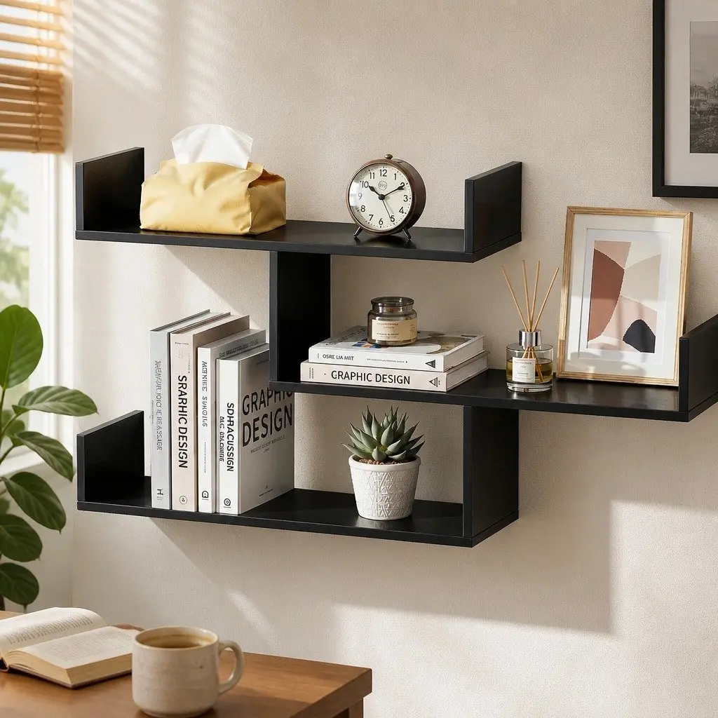 Floating Wall Shelf Particle Board 3 Tier Black Minimalist Display Storage Organiser