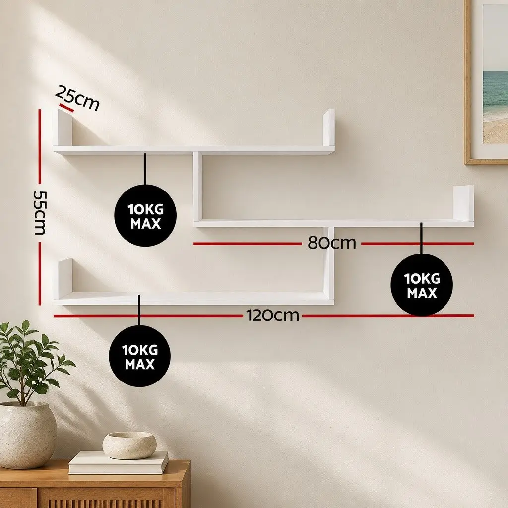 Floating Wall Shelf Particle Board 3 Tier White Storage Display for Home Living Room