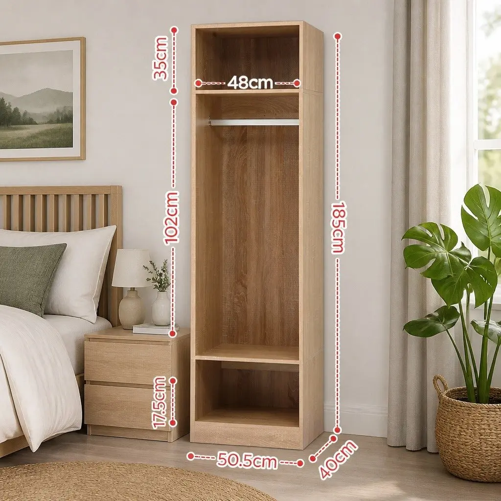 Wardrobe Storage Organizer Pine 185cm with Hanging Rod and 2 Open Shelves