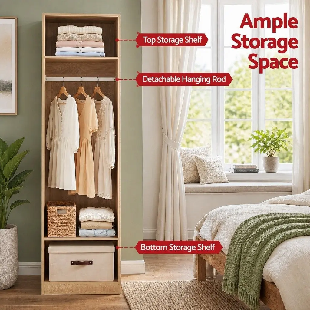Wardrobe Storage Organizer Pine 185cm with Hanging Rod and 2 Open Shelves