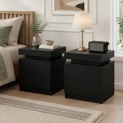 Black Contemporary Bedside Table with 2 Storage Drawers