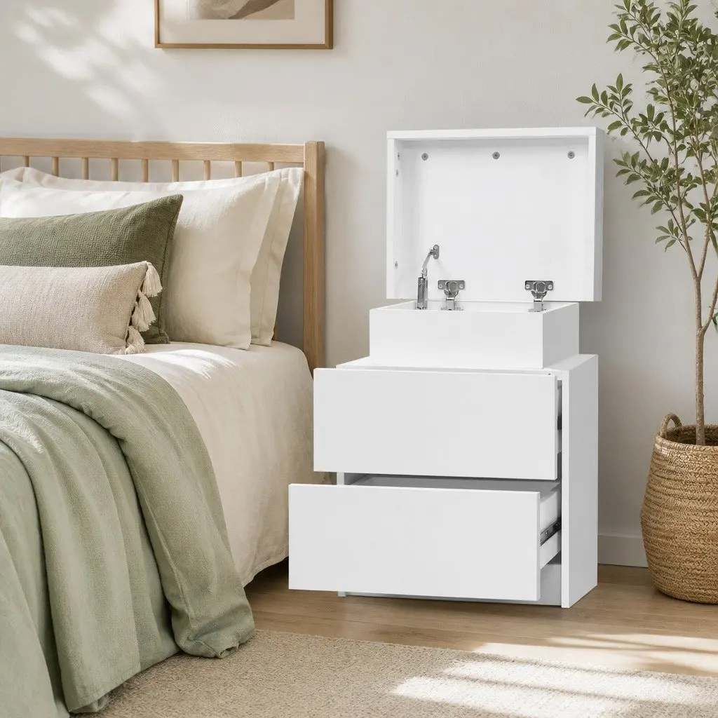 White Bedside Table with Lift-up Storage