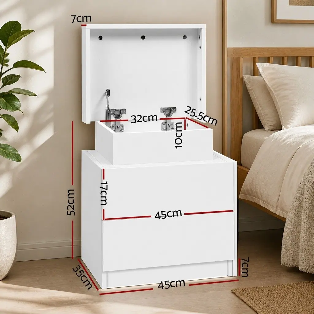 Bedside Table 2 Drawers Lift-up Storage White Modern Design Bedroom Side Table