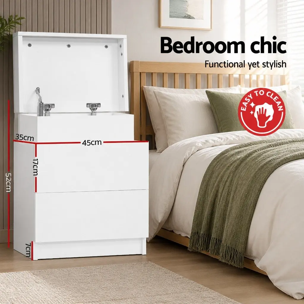 Bedside Table 2 Drawers Lift-up Storage White Modern Design Bedroom Side Table