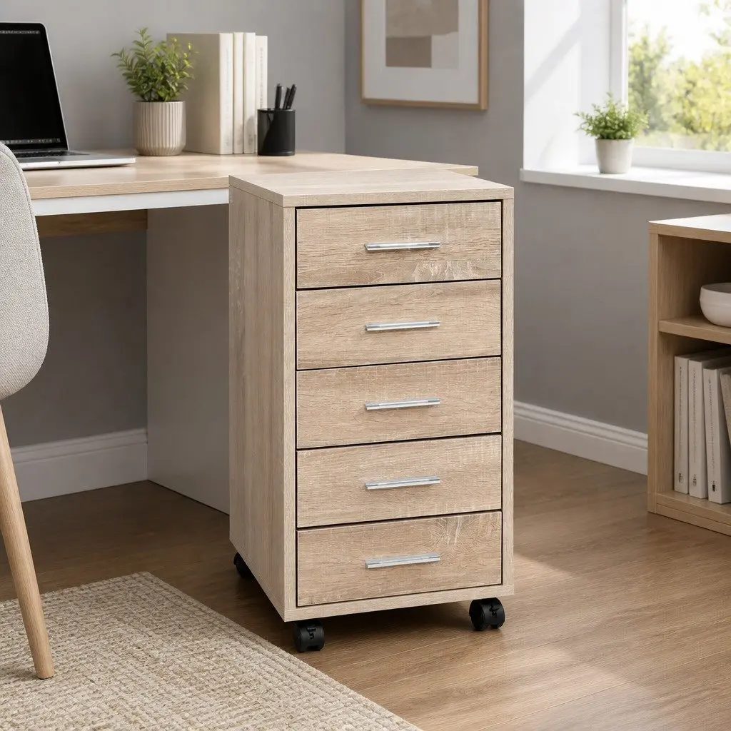 Mobile Filing Cabinet with 5 Drawers in Beige