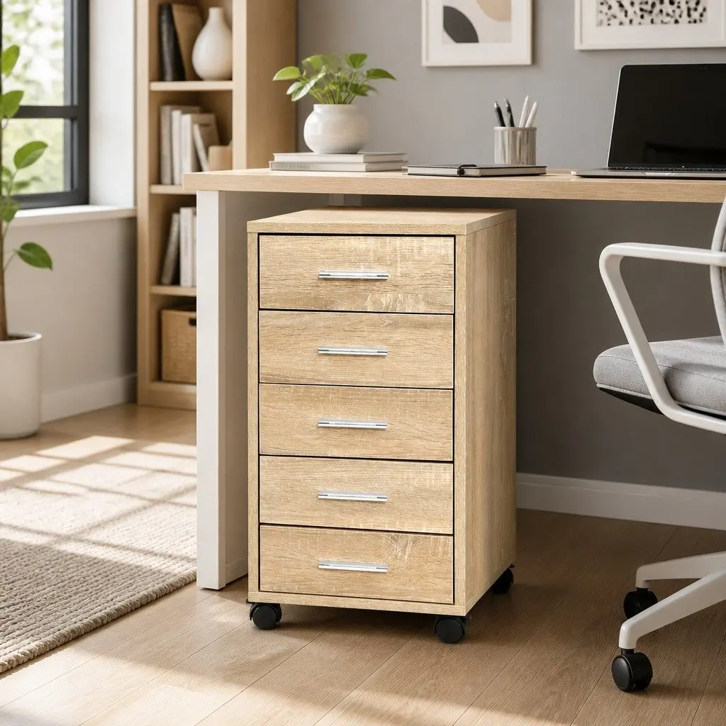 Mobile Filing Cabinet Particle Board 5 Drawer Beige Wood Tone