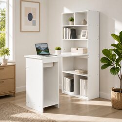 Sturdy Computer Desk with 5-Tier Bookshelf Storage White 120cm