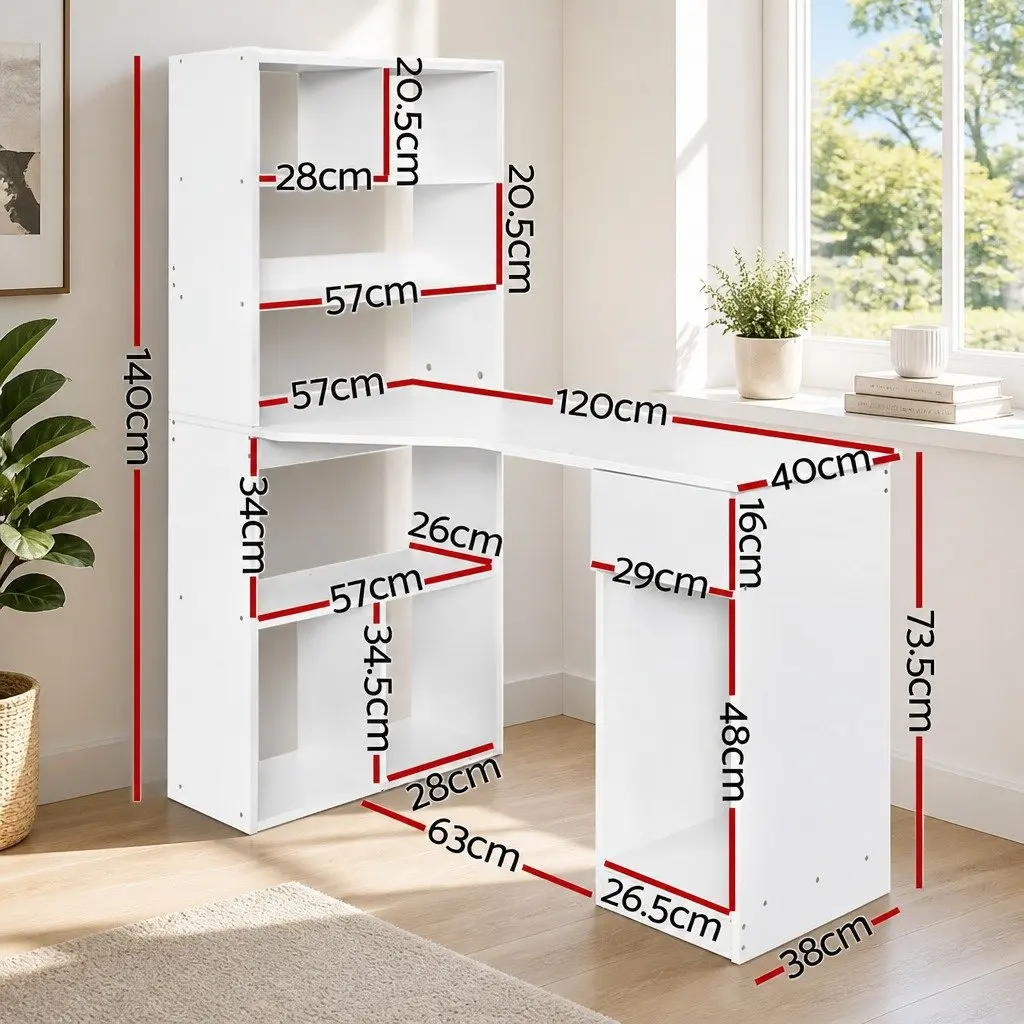 Computer Desk with 5-Tier Bookshelf Storage White 120cm