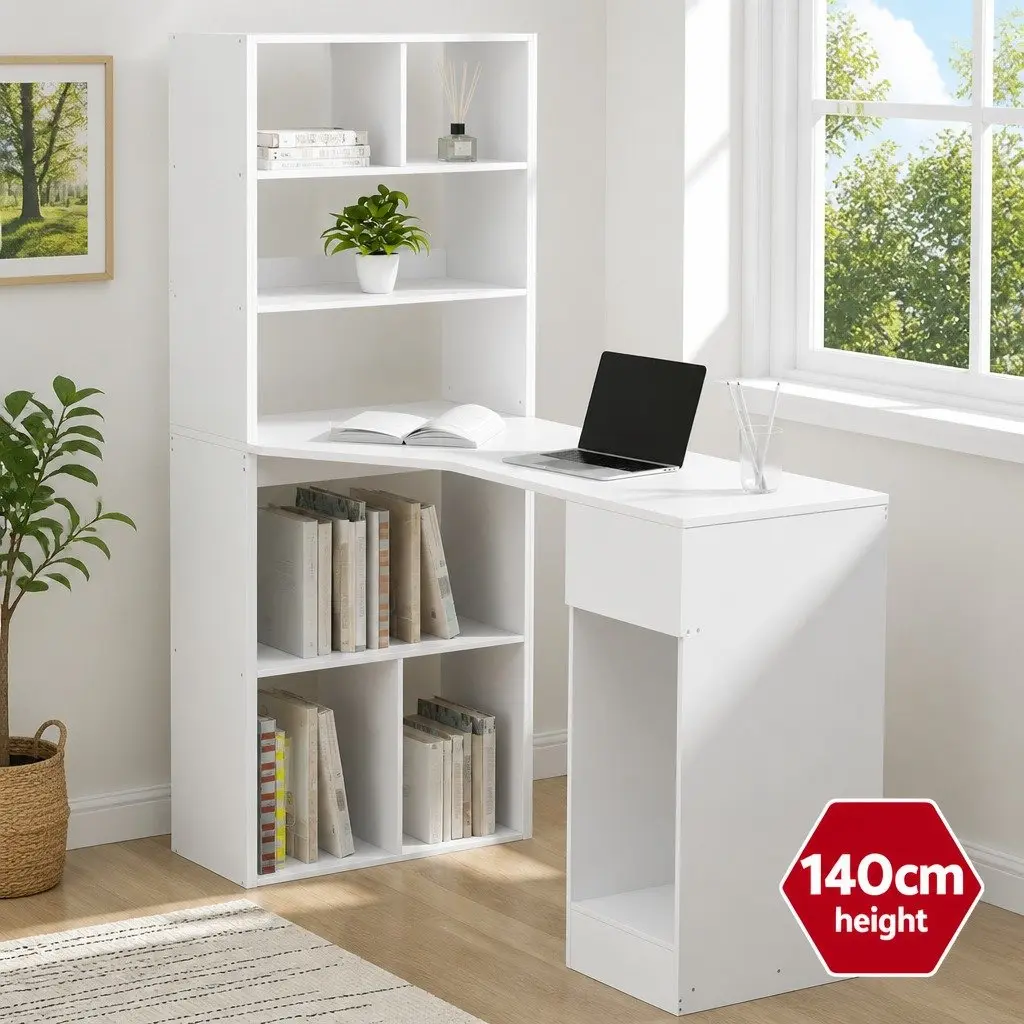 Computer Desk with 5-Tier Bookshelf Storage White 120cm