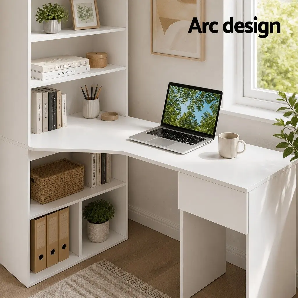 Computer Desk with 5-Tier Bookshelf Storage White 120cm