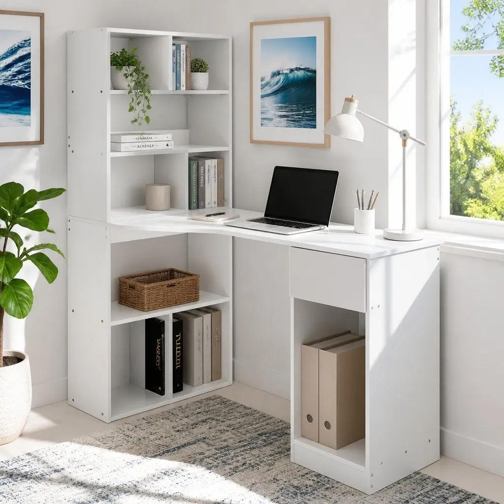 Computer Desk with 5-Tier Bookshelf Storage White 120cm