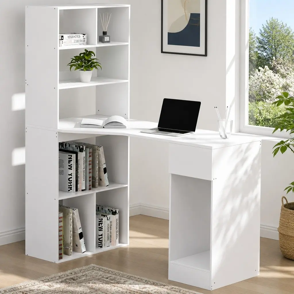 Computer Desk with 5-Tier Bookshelf Storage White 120cm