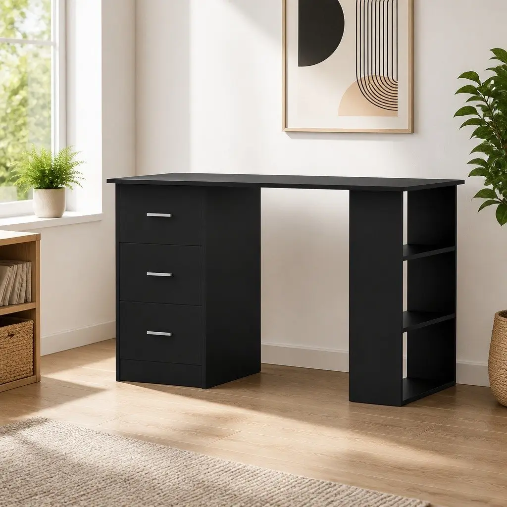 Black Computer Desk with Shelves and Drawers