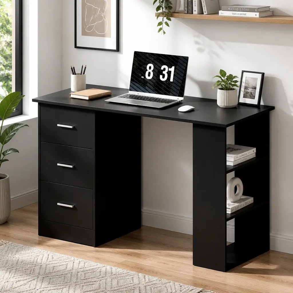 Black Computer Desk with Shelves and Drawers