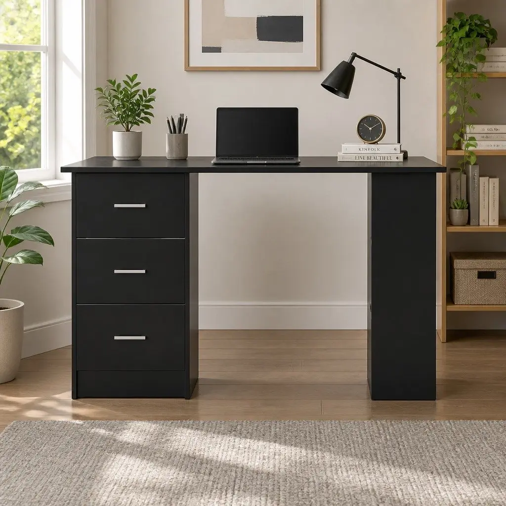 Black Computer Desk with Shelves and Drawers