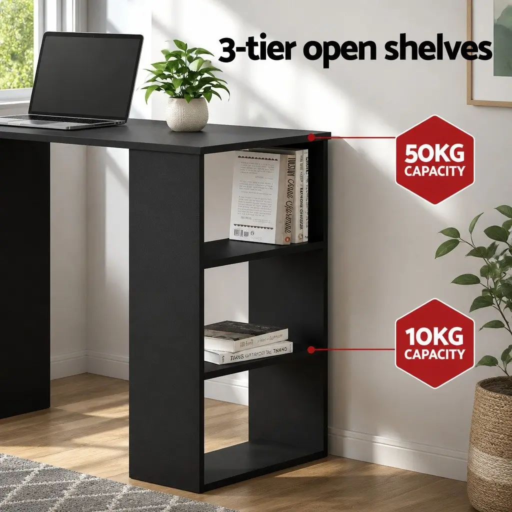 Black Computer Desk with Shelves and Drawers