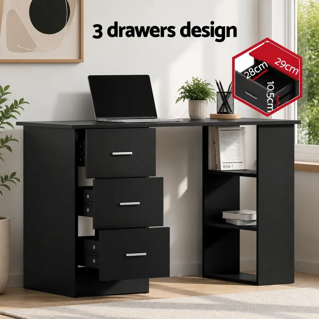 Black Computer Desk with Shelves and Drawers