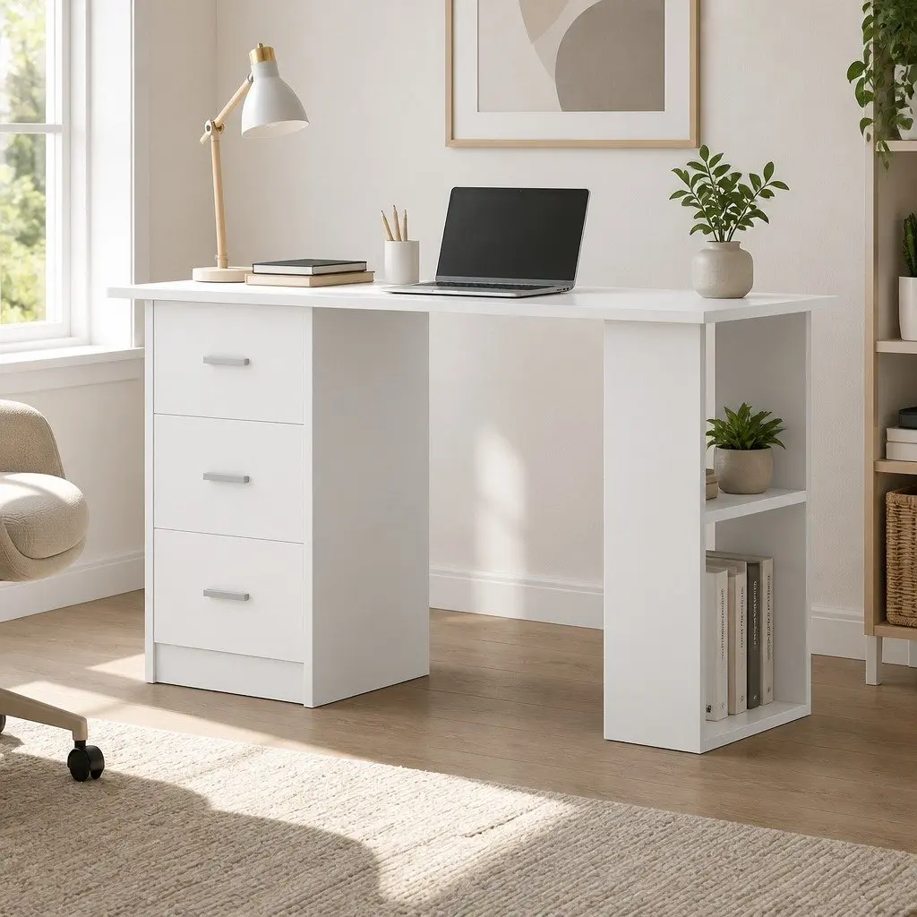 White Computer Desk with Drawers & Storage