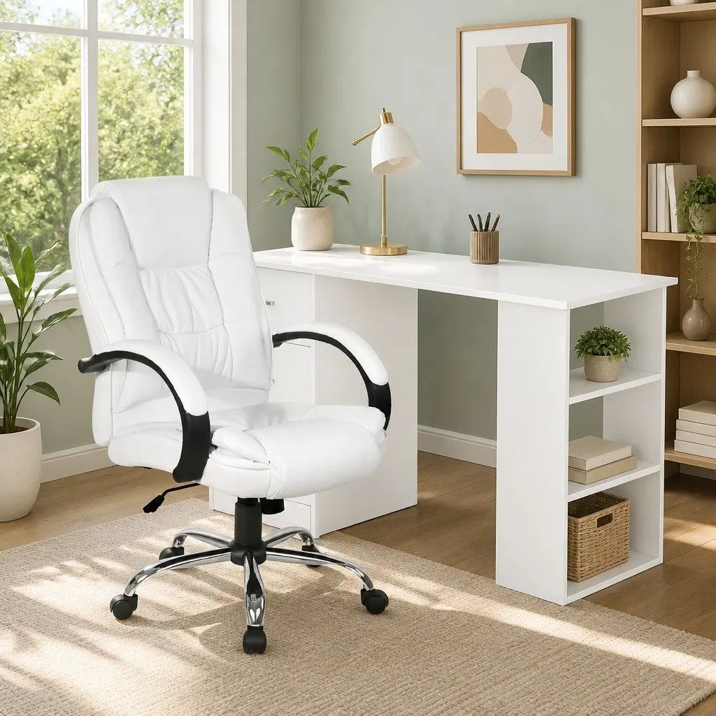 Computer Desk Office Chair Set Particle Board PU Leather 120cm White High Back