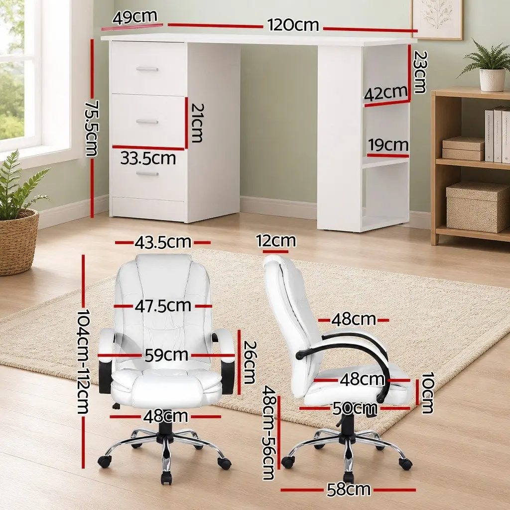 Computer Desk Office Chair Set Particle Board PU Leather 120cm White High Back