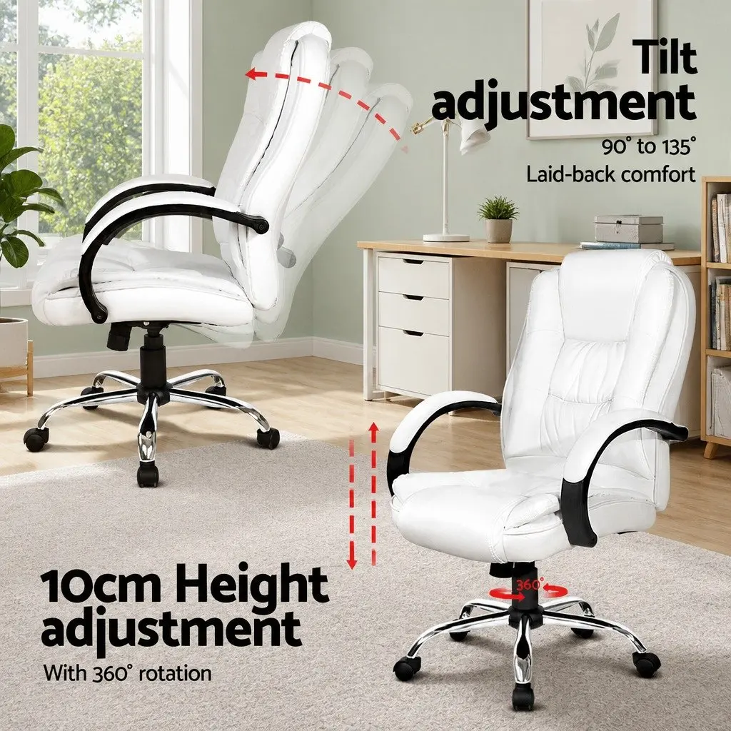 Computer Desk Office Chair Set Particle Board PU Leather 120cm White High Back