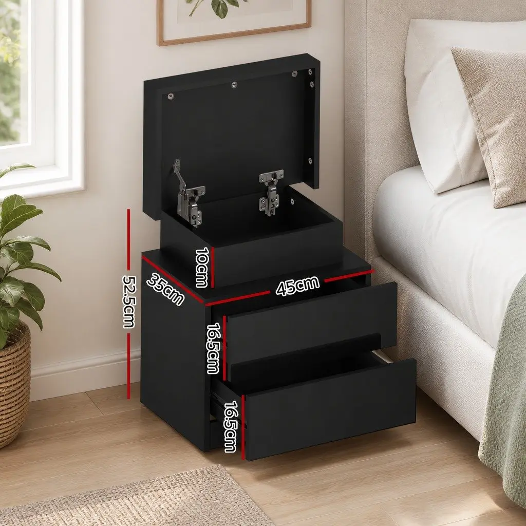 Black Bedside Table with LED Lighting and Storage