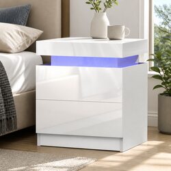 Bedside Table with LED Lights 2 Drawers Lift-up Storage White Modern Bedroom