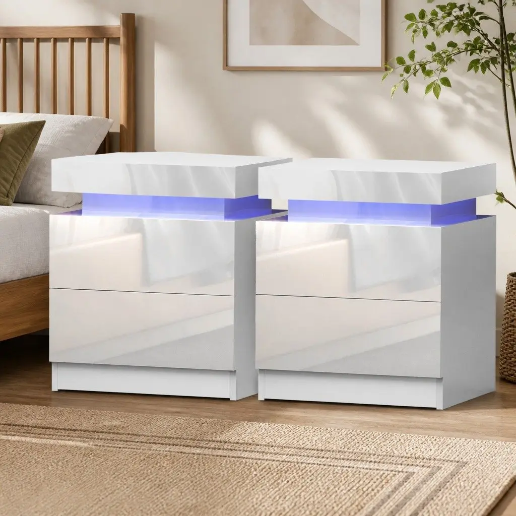 White Bedside Table with LED and 2 Drawers