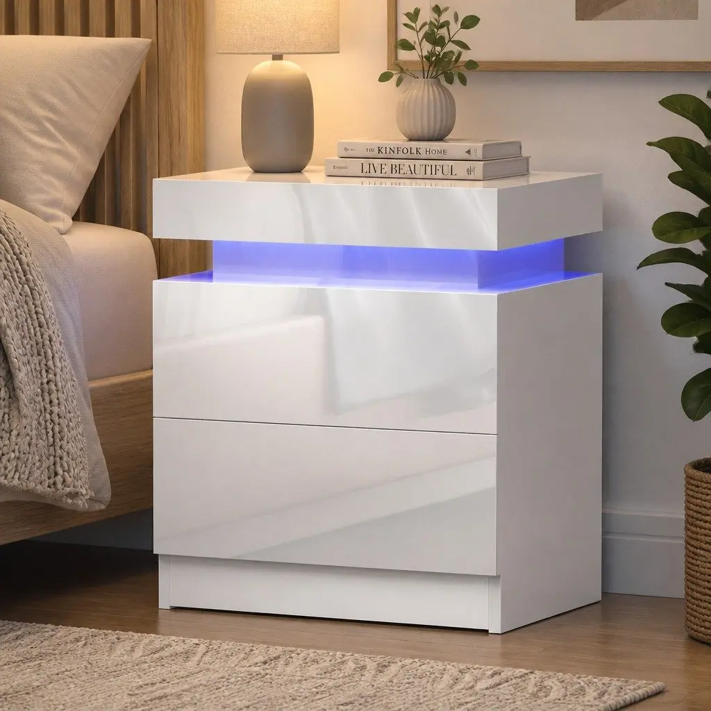 White Bedside Table with LED and 2 Drawers