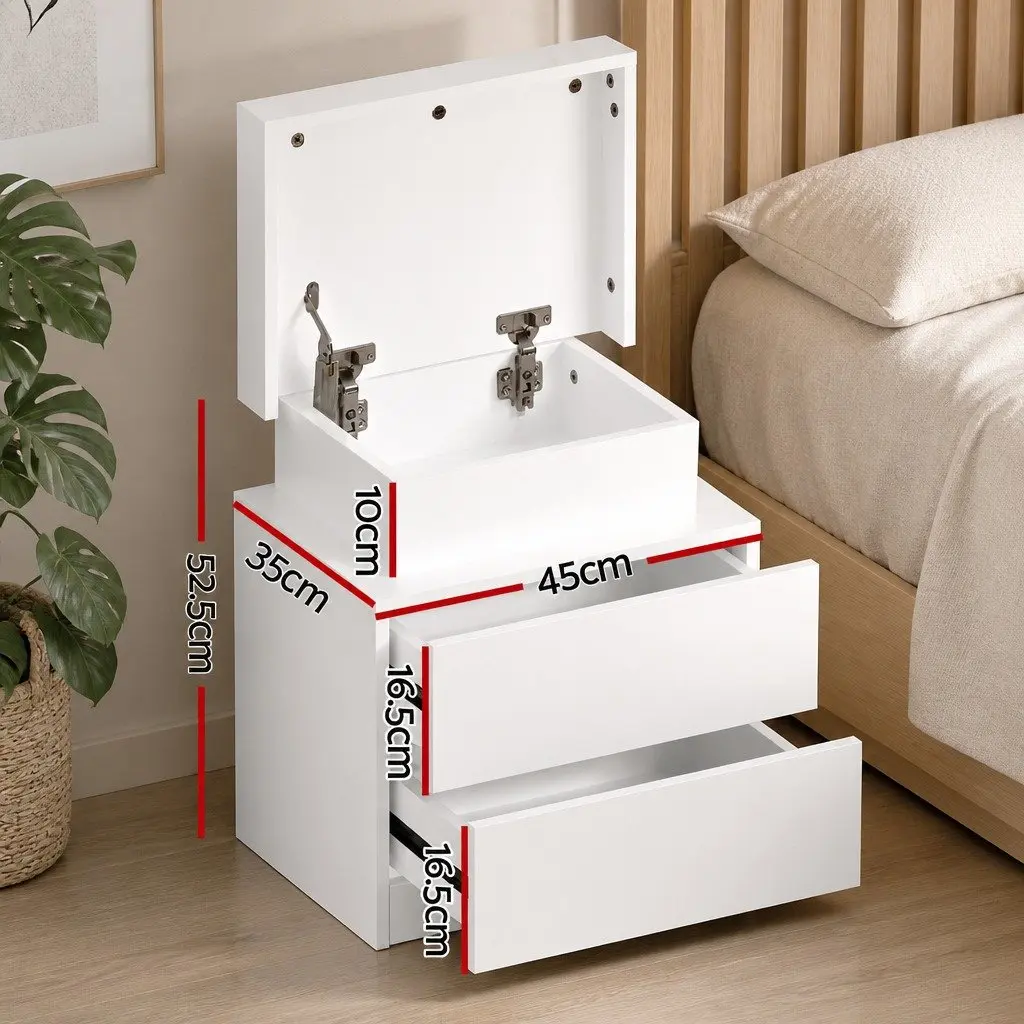 White Bedside Table with LED and 2 Drawers