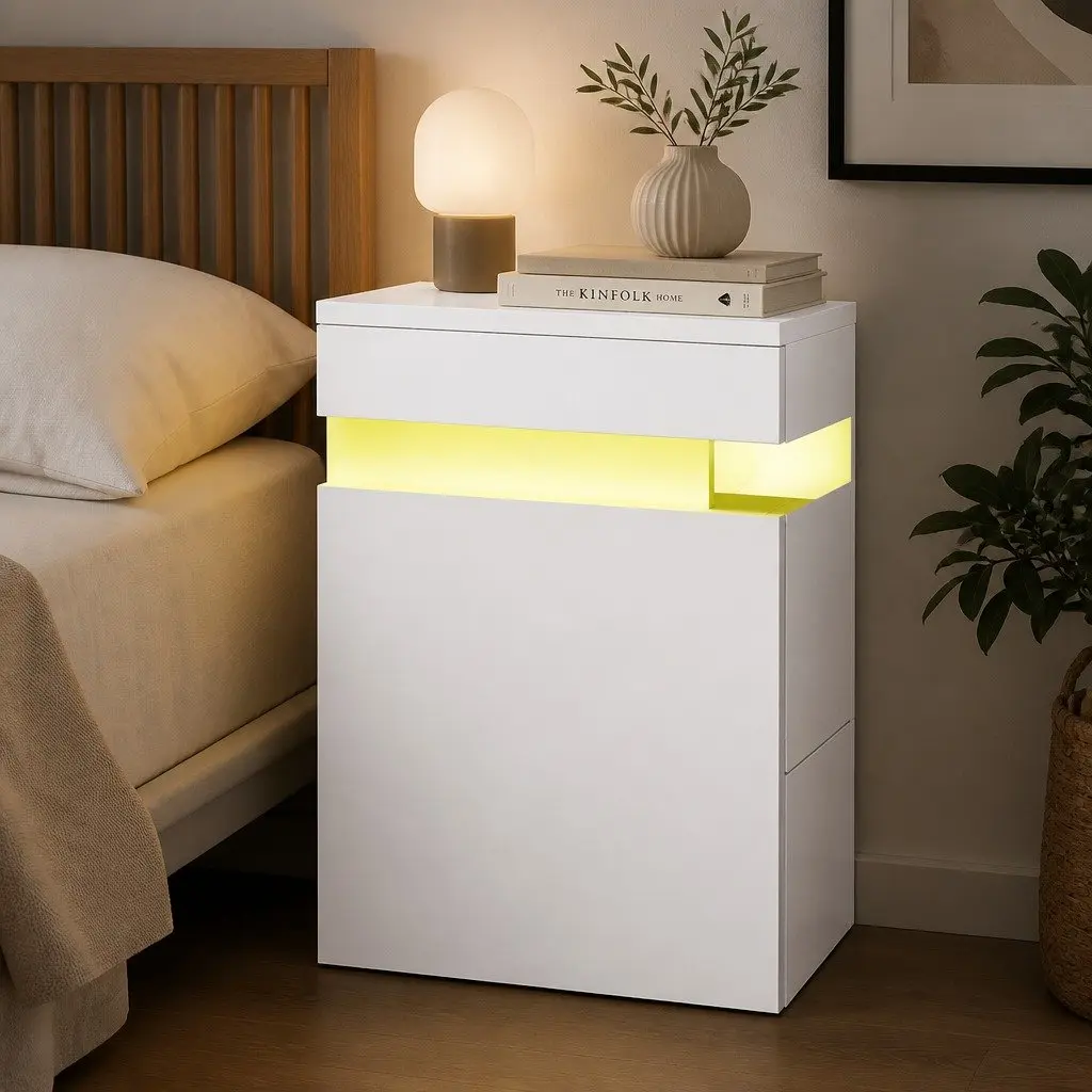 White Bedside Table with LED and 2 Drawers