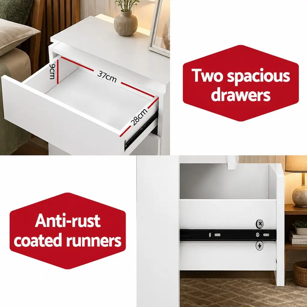 White Bedside Table with LED and 2 Drawers
