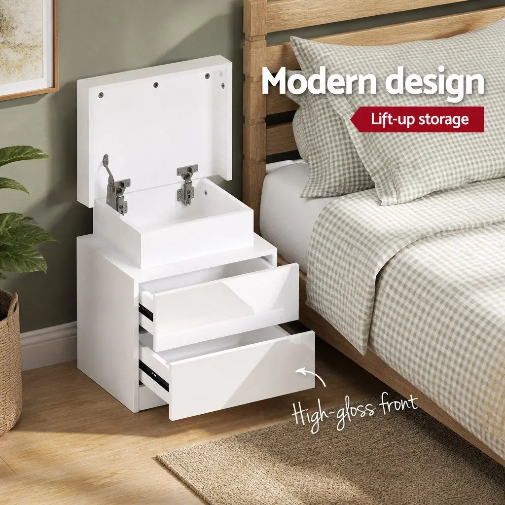 White Bedside Table with LED and 2 Drawers