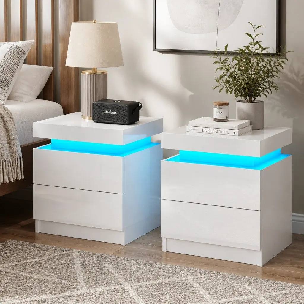 White Bedside Table with LED and 2 Drawers