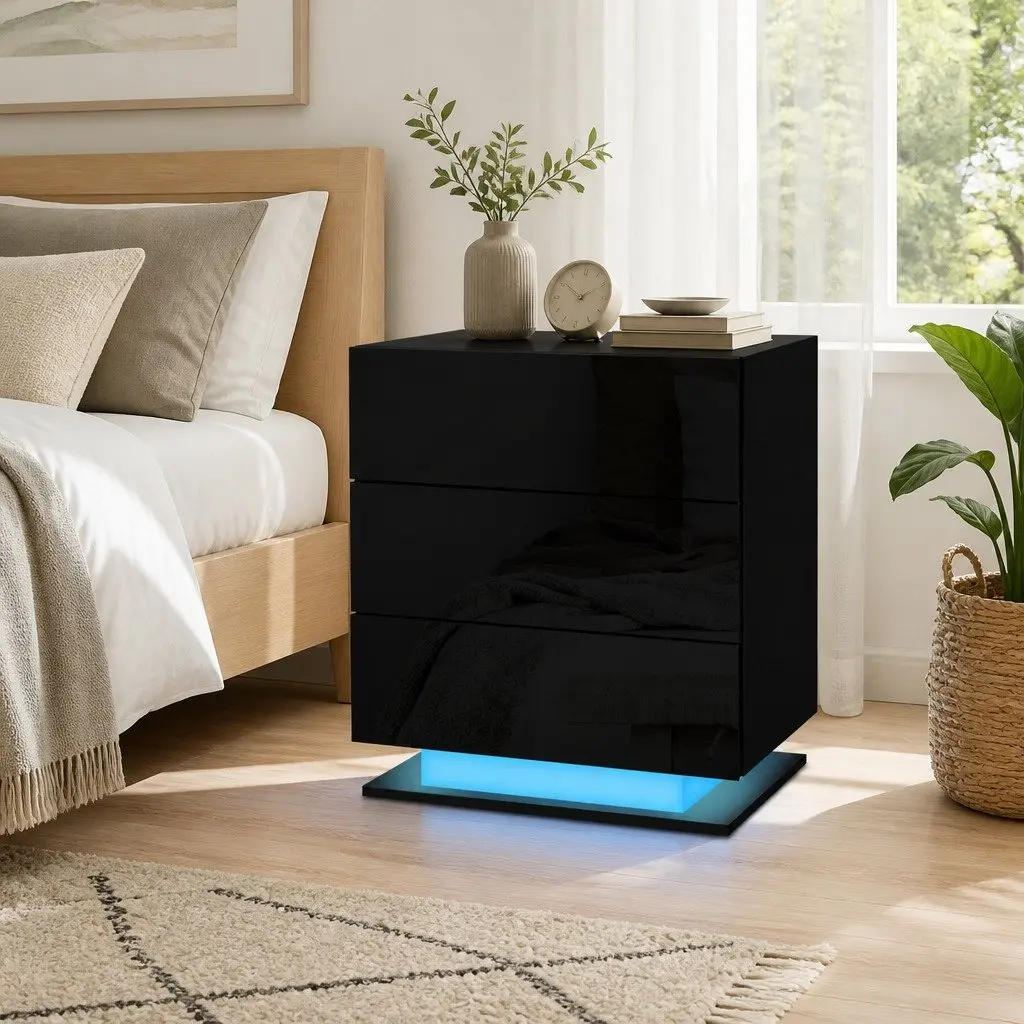 Black Bedside Table with LED Light and Storage